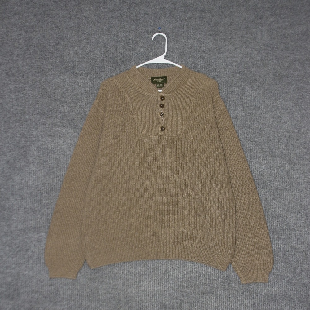 Eddie Bauer Sweater Mens L Brown Button Neck Basic Cotton Knit Winter Casual